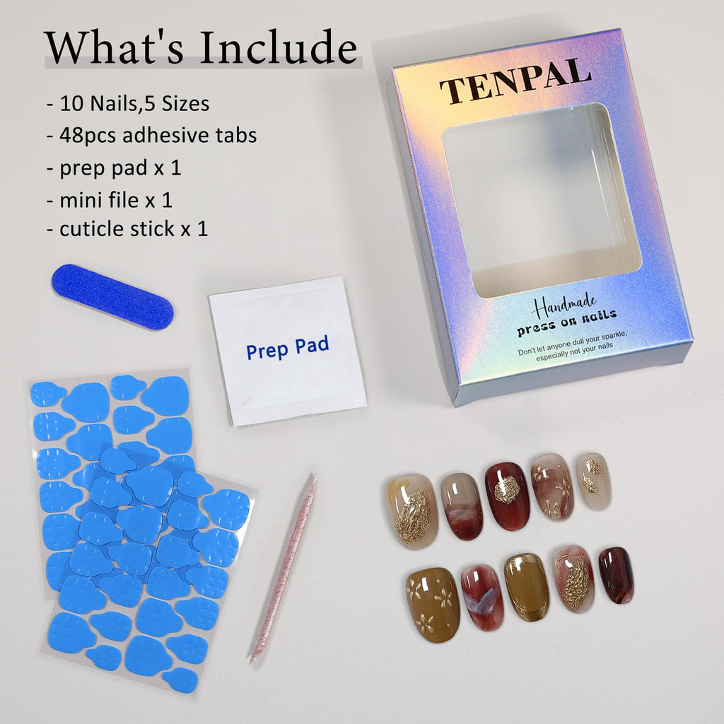 TENPAL Handmade Soft Gel Press On Nails with Tools – Amber Cat Eye Short Oval, Glossy Glitter Embossed Floral, Autumn Ombre Leaves, 10pcs