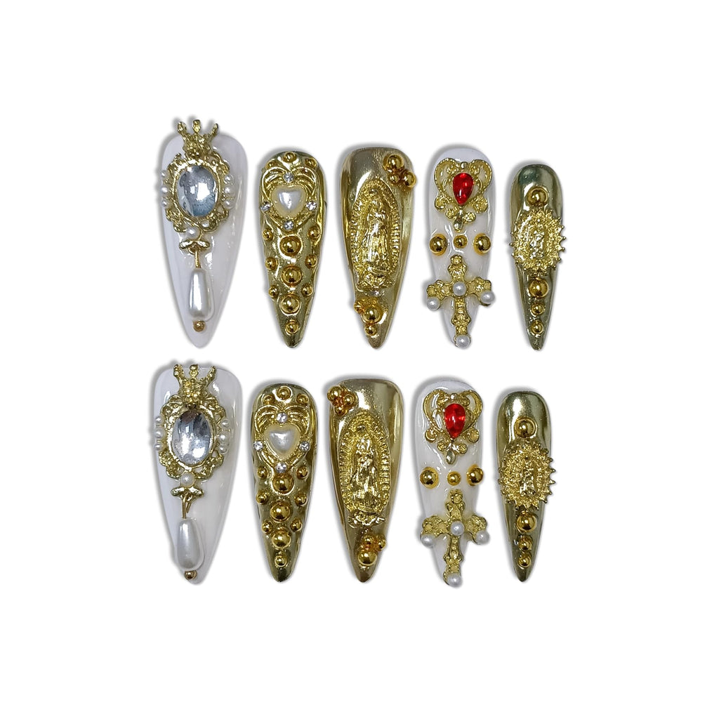 TENPAL 10Pcs Handmade Royal Press On Nails – Metallic Gold Long Stiletto with Pearl & Celestial Charms (M)