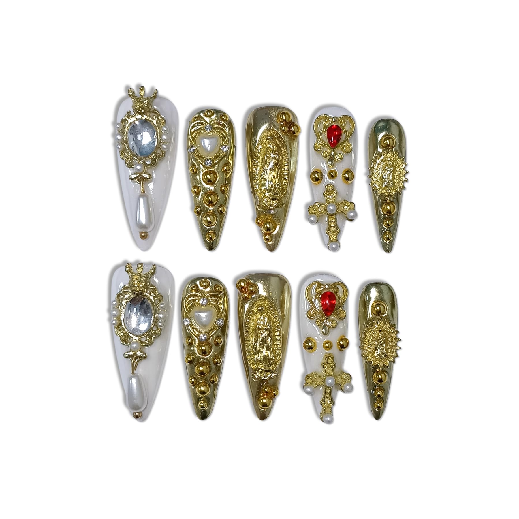 TENPAL 10Pcs Handmade Royal Press On Nails – Metallic Gold Long Stiletto with Pearl & Celestial Charms (M)