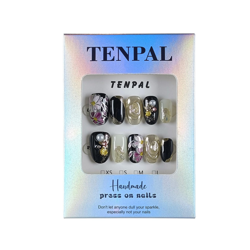 TENPAL Black Gold Floral Cat Eye Nails — Short Oval Press-On Kit