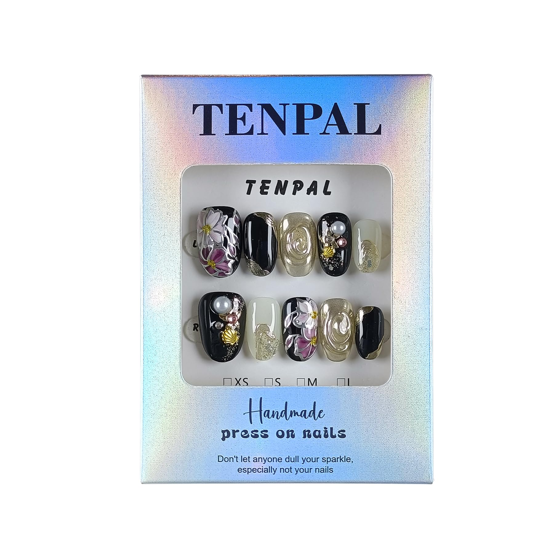 TENPAL Black Gold Floral Cat Eye Nails — Short Oval Press-On Kit