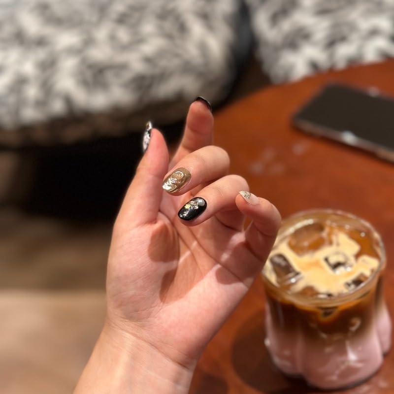 TENPAL Black Gold Floral Cat Eye Nails — Short Oval Press-On Kit