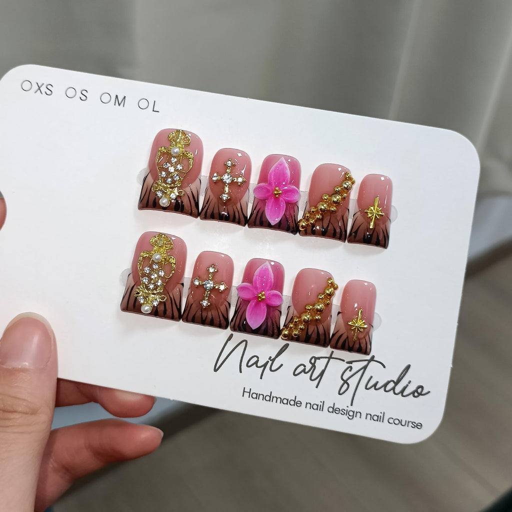 TENPAL Handmade Duckbill Press-On Nails – Zebra Print & Pink Floral with 3D Cross Studs