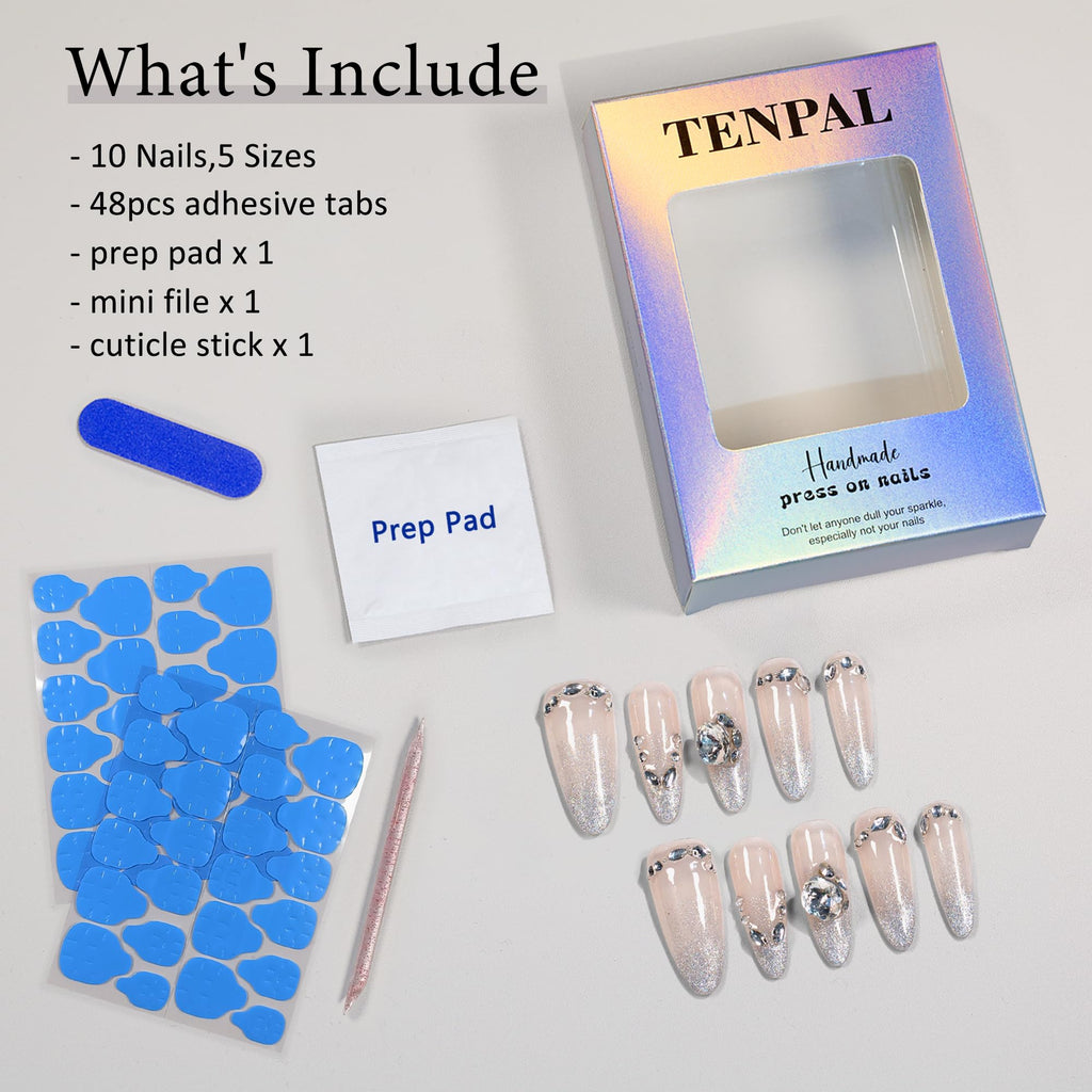 TENPAL French Tip Press-On Nails — Long Stiletto Nude Glitter with Ombre Cat Eye (10pcs/Box, XS)