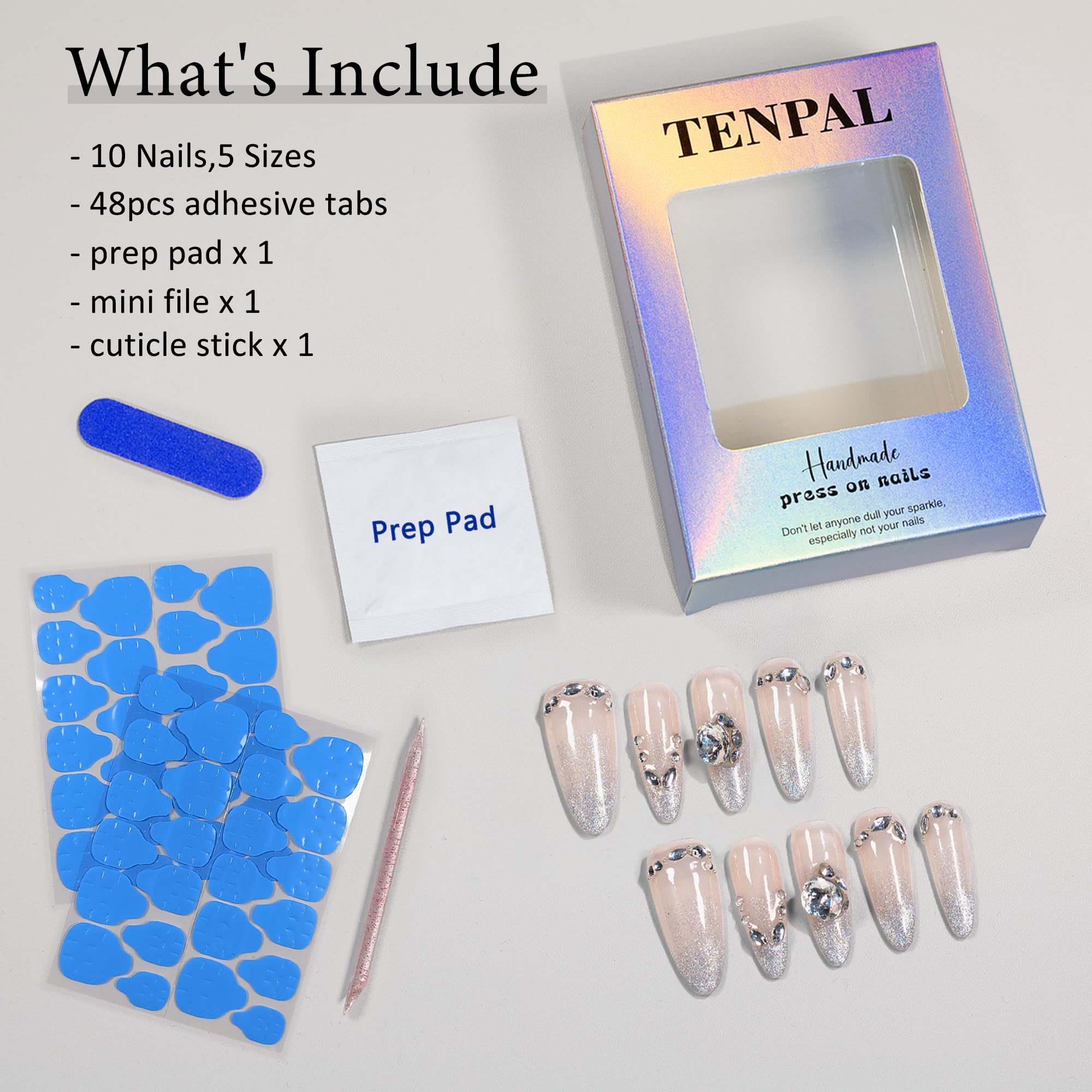 TENPAL French Tip Press-On Nails — Long Stiletto Nude Glitter with Ombre Cat Eye (10pcs/Box, XS)