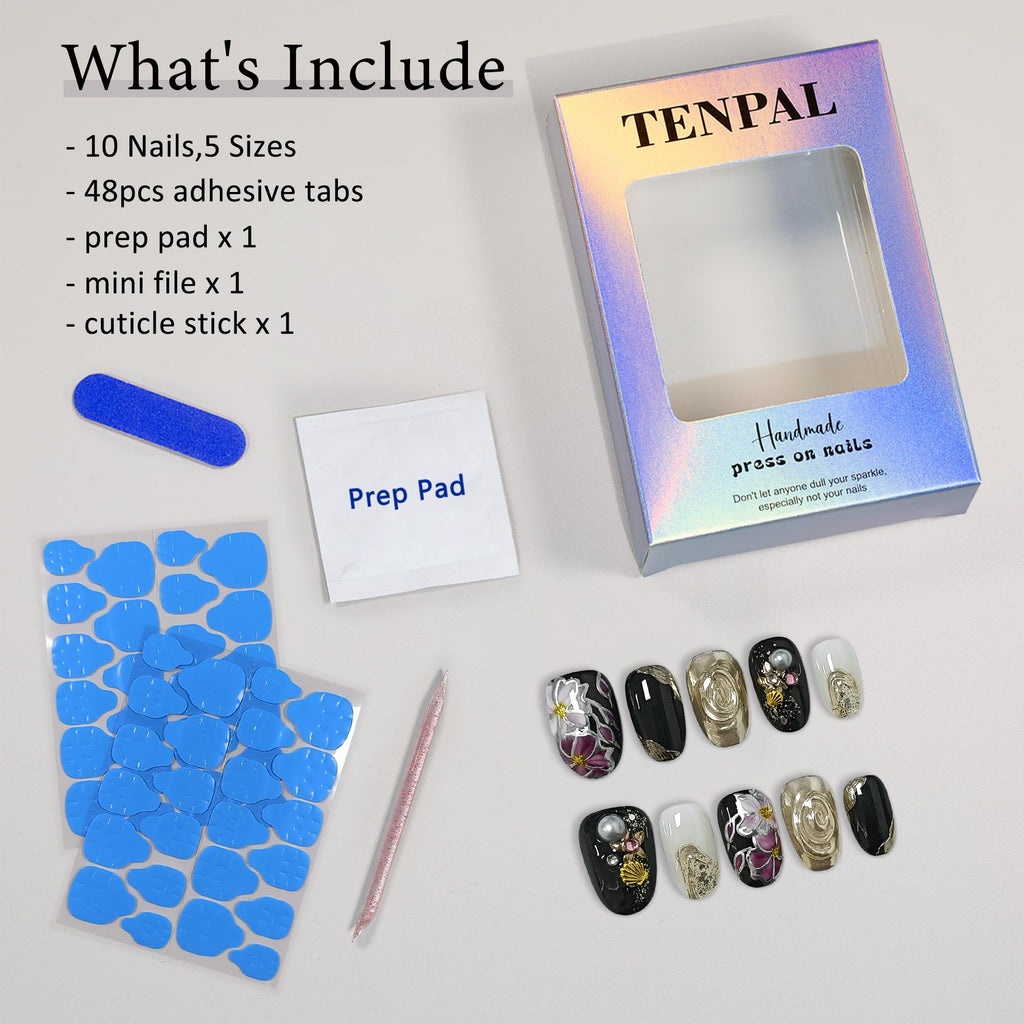 TENPAL Black Gold Floral Cat Eye Nails — Short Oval Press-On Kit