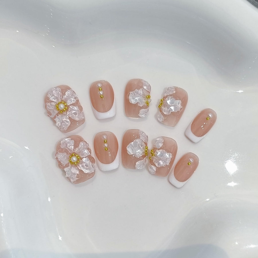 TENPAL Press On Nails Kit with Tools – Nude French 3D Floral Embossed Nails (White French) 10Pcs (M)
