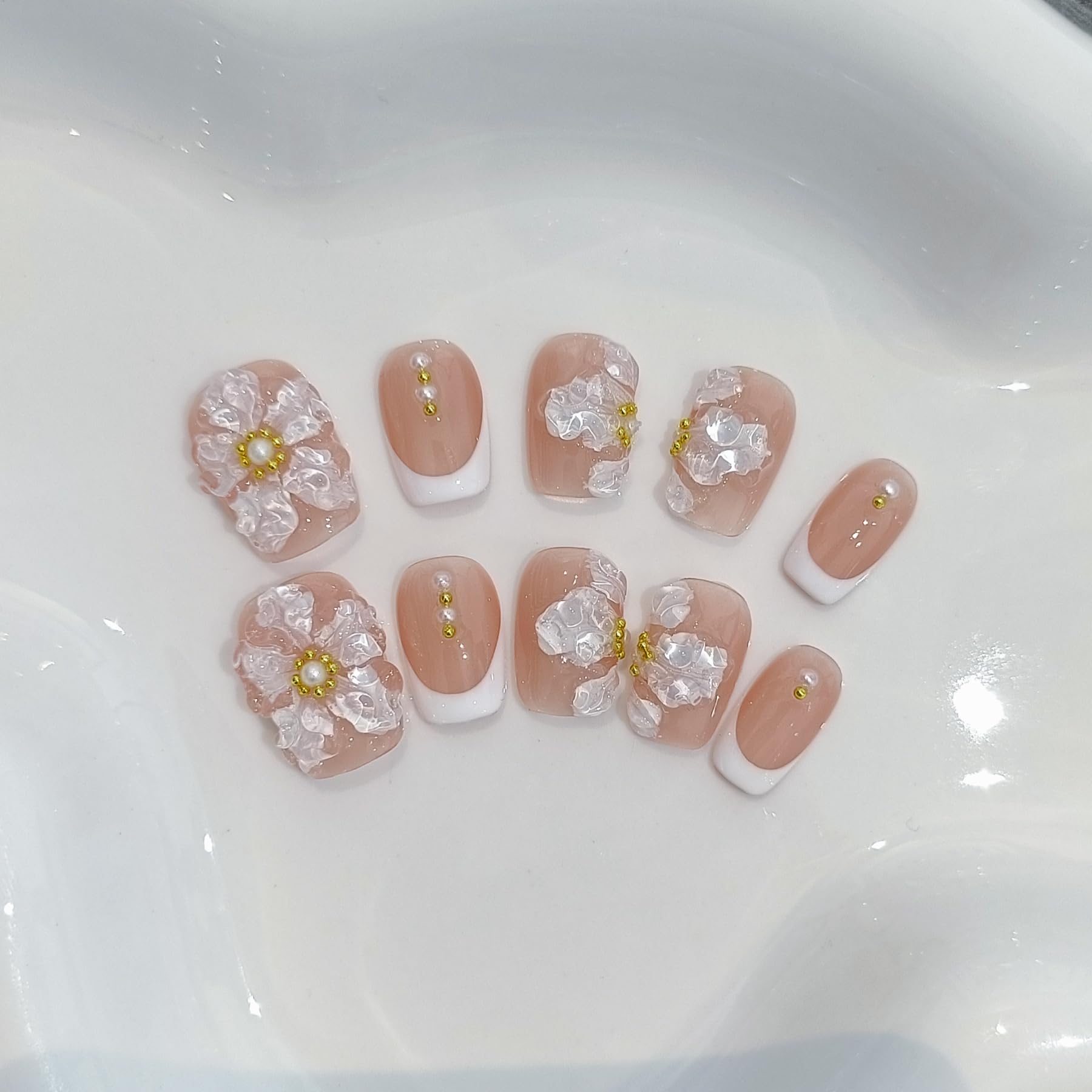 TENPAL Press On Nails Kit with Tools – Nude French 3D Floral Embossed Nails (White French) 10Pcs (M)