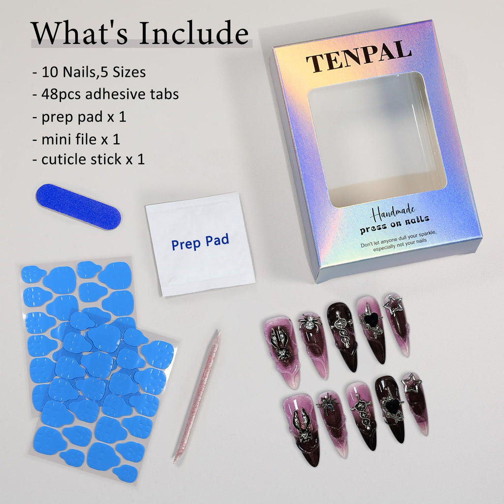 TENPAL 10Pcs Handmade Press On Nails – Long Stiletto Gothic Pink & Black Swirl with 3D Charms