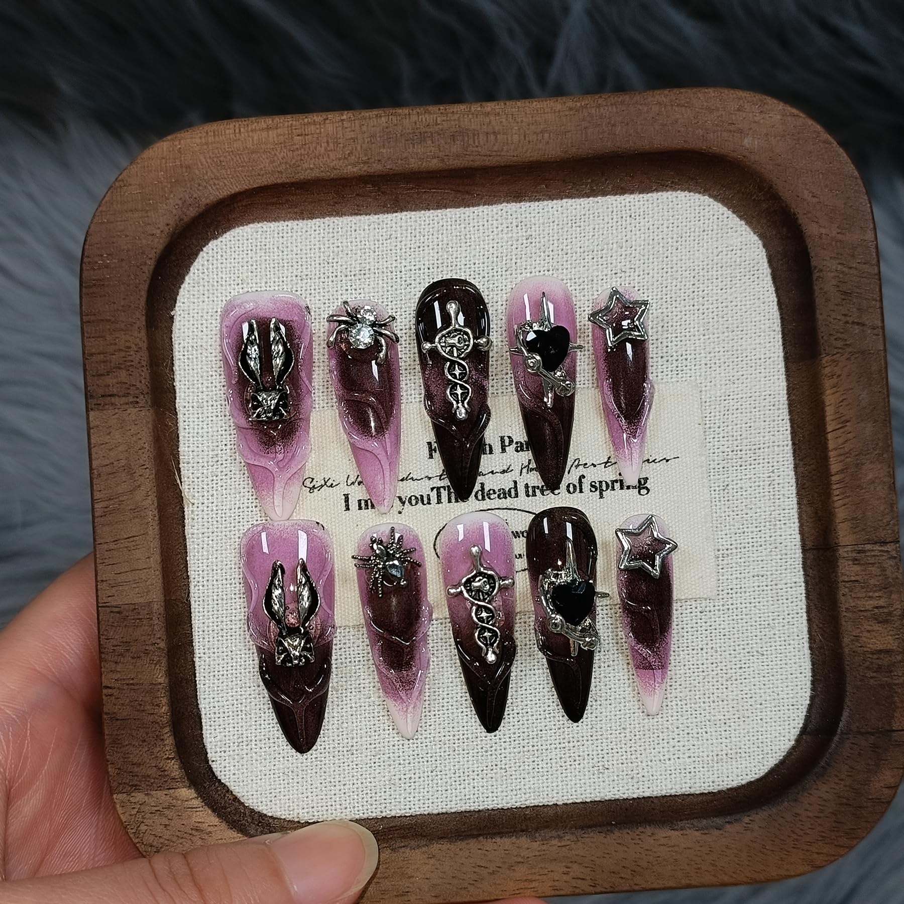 TENPAL 10Pcs Handmade Press On Nails – Long Stiletto Gothic Pink & Black Swirl with 3D Charms