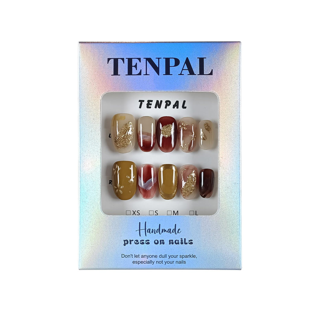 TENPAL Handmade Soft Gel Press On Nails with Tools – Amber Cat Eye Short Oval, Glossy Glitter Embossed Floral, Autumn Ombre Leaves, 10pcs