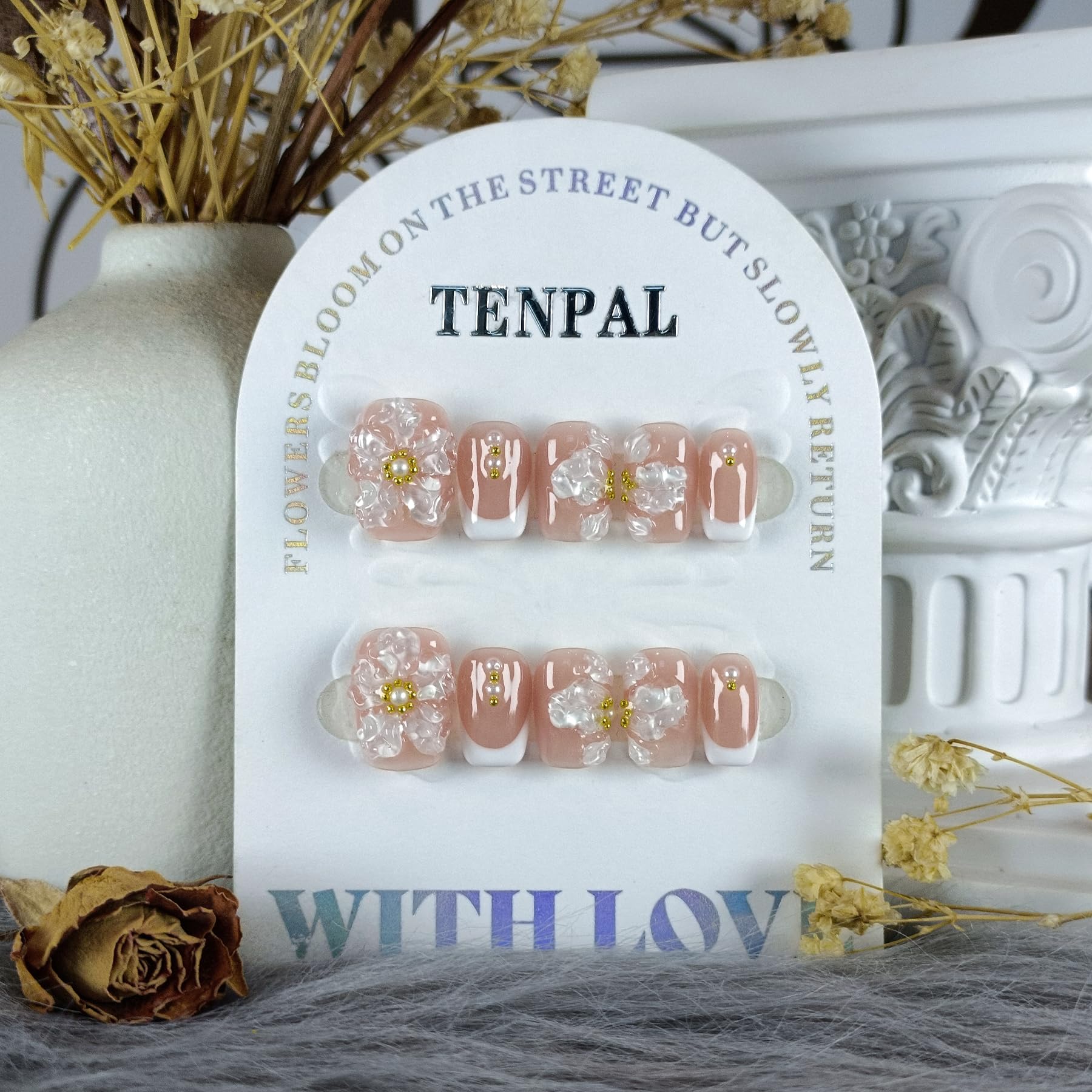 TENPAL Press On Nails Kit with Tools – Nude French 3D Floral Embossed Nails (White French) 10Pcs (M)