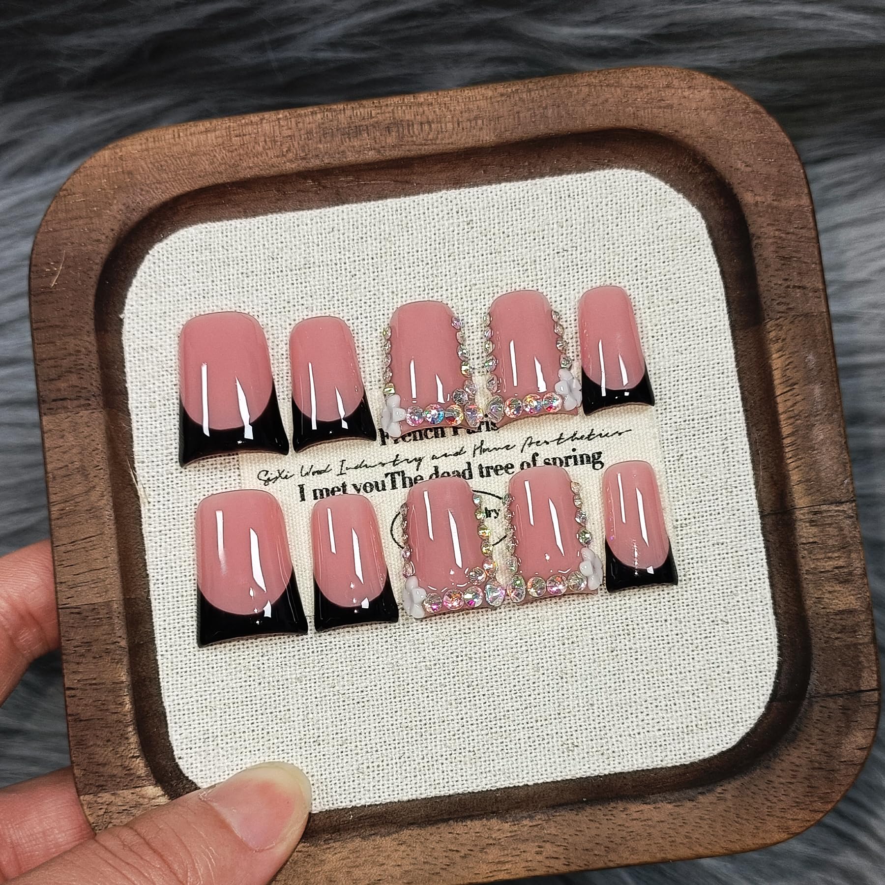 TENPAL Handmade Duck Nails Press On – Pink & Black French Tip with Rhinestone Edge (10PCS)