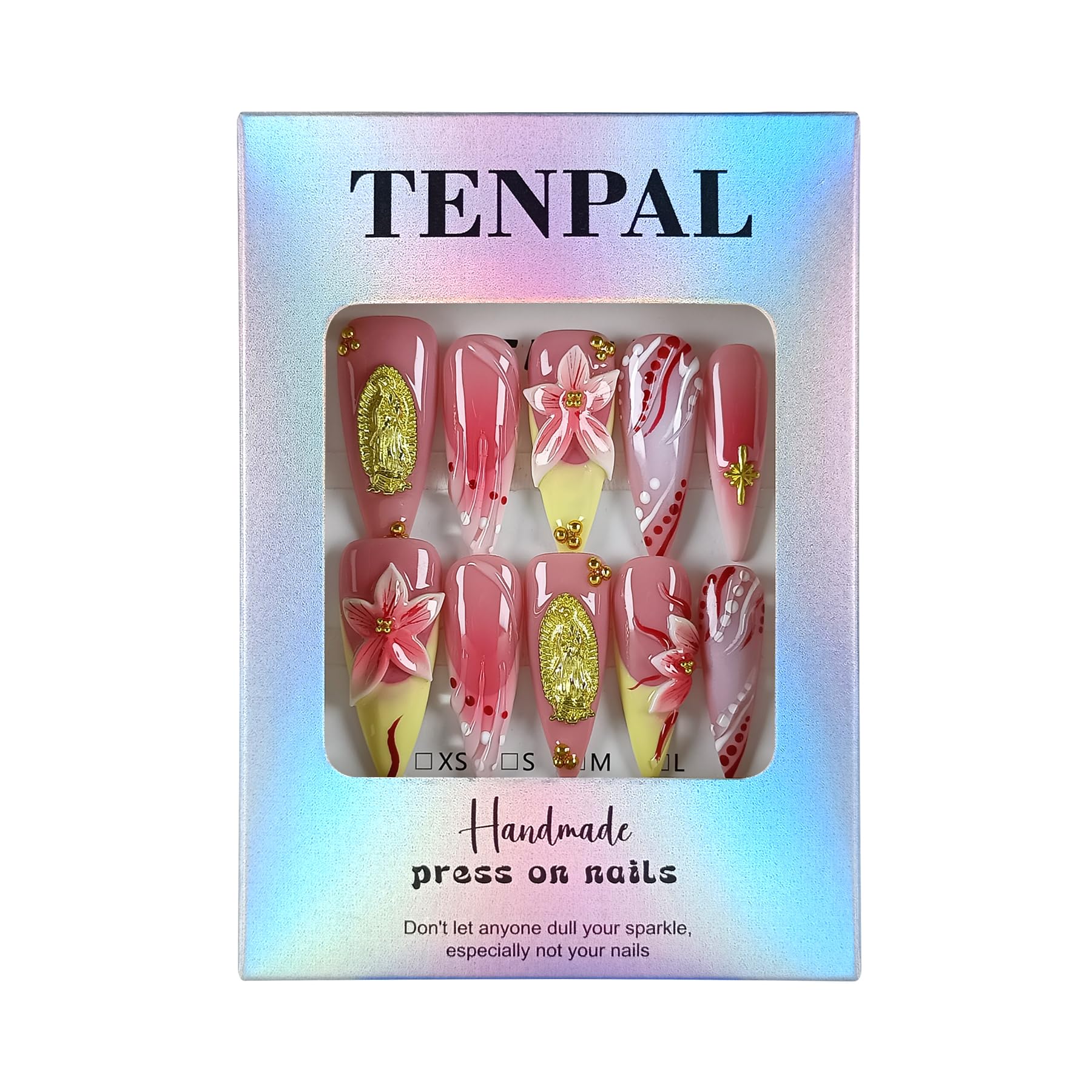 TENPAL Handmade Press On Nails Long Stiletto - Vivid Red 3D Floral Blush Ombre | Glossy French Tips