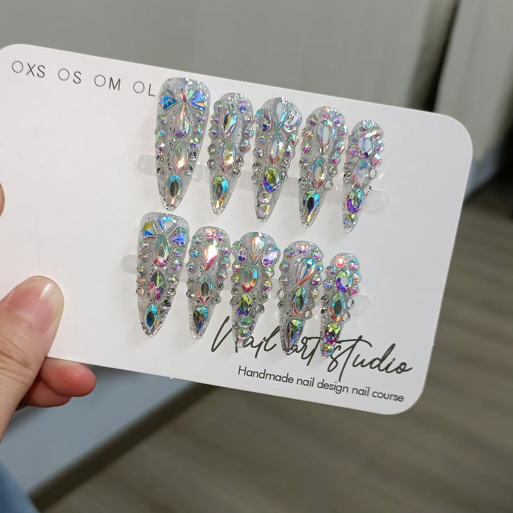 TENPAL 10Pcs Luxury Press On Nails Long Stiletto – Full Cover Crystal Glitter Nail Set with Tools | Reusable Bridal & Party Nails XS