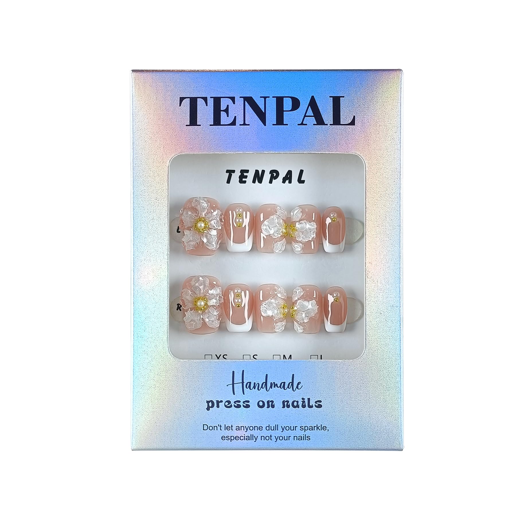 TENPAL Press On Nails Kit with Tools – Nude French 3D Floral Embossed Nails (White French) 10Pcs (M)
