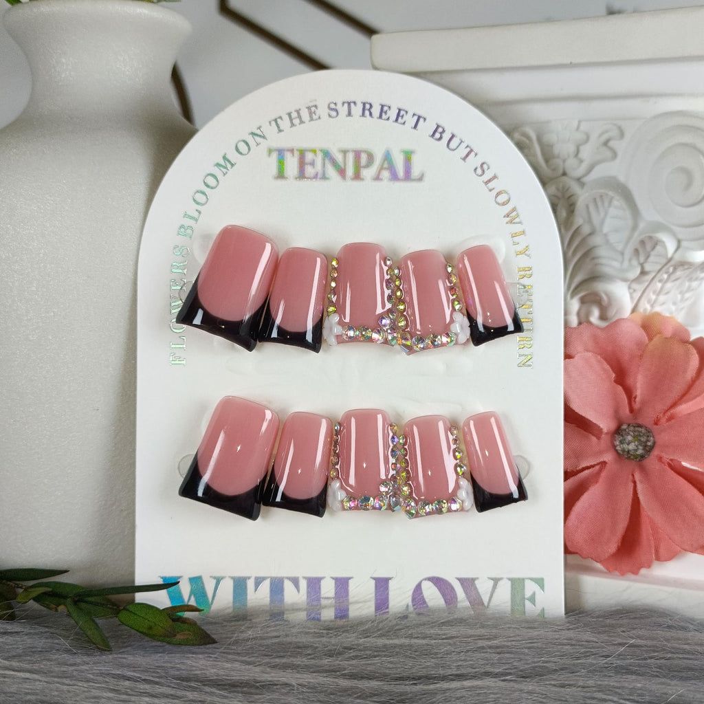 TENPAL Handmade Duck Nails Press On – Pink & Black French Tip with Rhinestone Edge (10PCS)