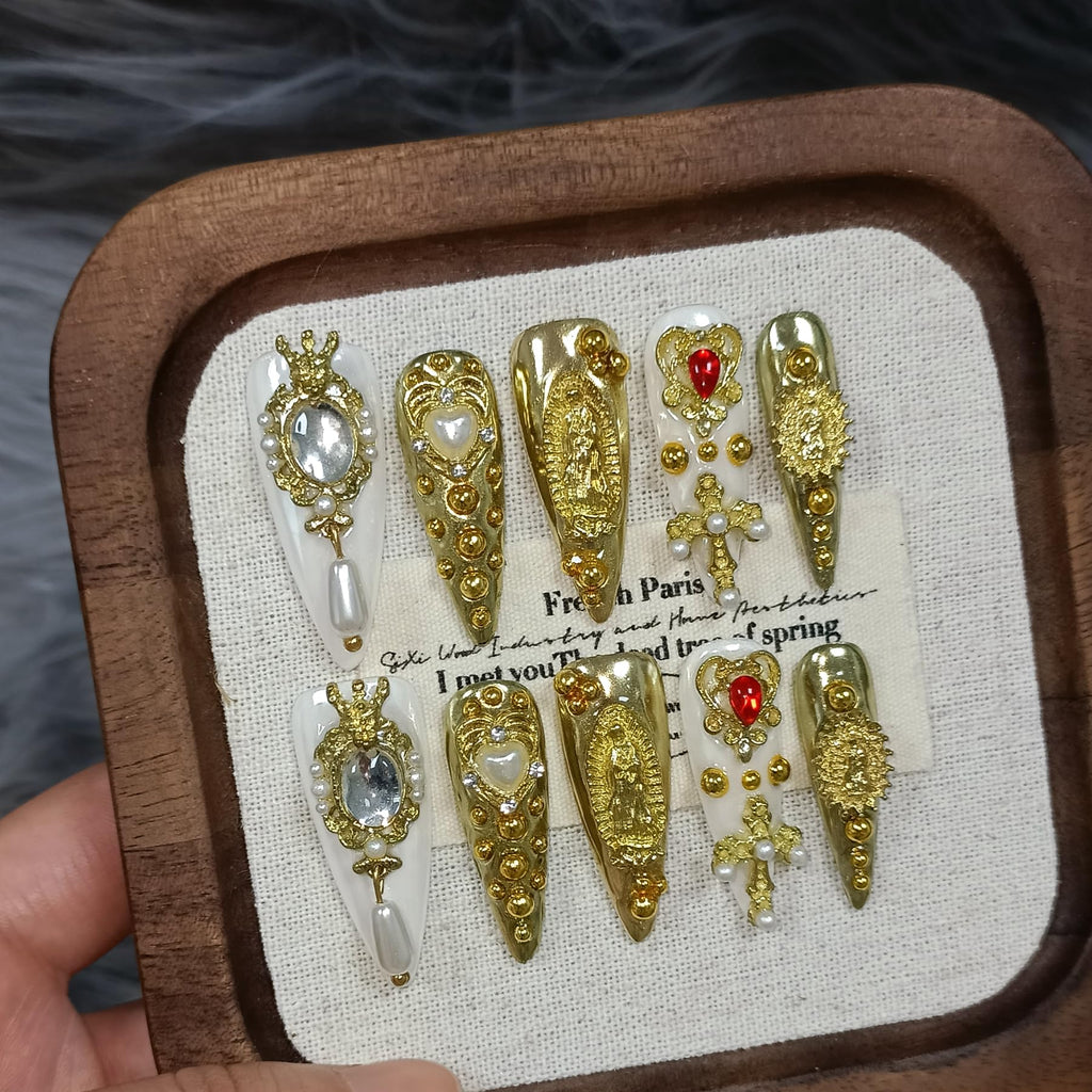 TENPAL 10Pcs Handmade Royal Press On Nails – Metallic Gold Long Stiletto with Pearl & Celestial Charms (M)