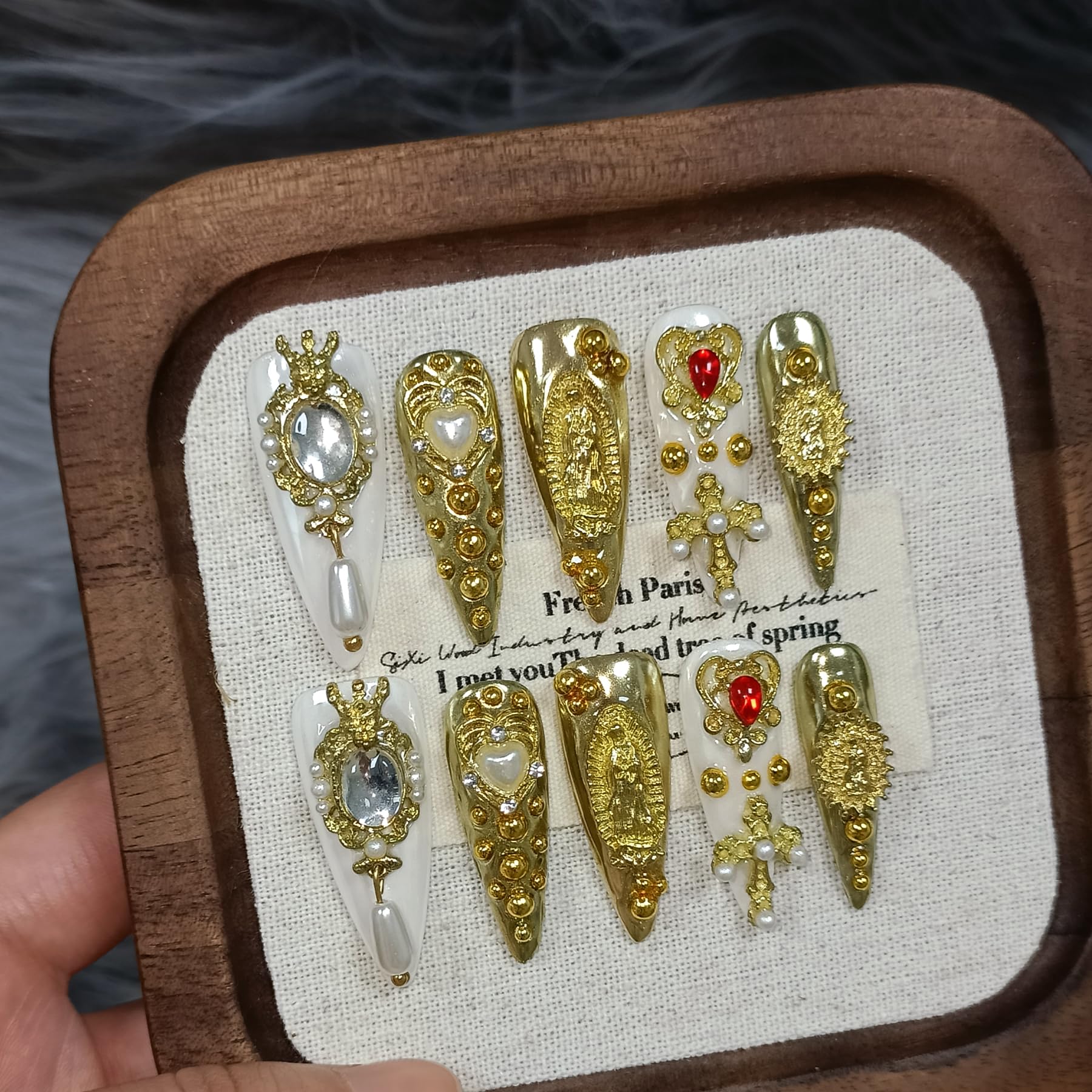 TENPAL 10Pcs Handmade Royal Press On Nails – Metallic Gold Long Stiletto with Pearl & Celestial Charms (M)