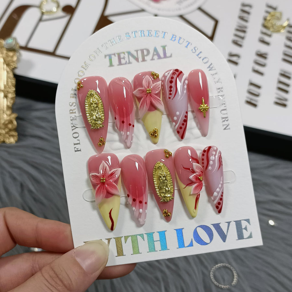 TENPAL Handmade Press On Nails Long Stiletto - Vivid Red 3D Floral Blush Ombre | Glossy French Tips