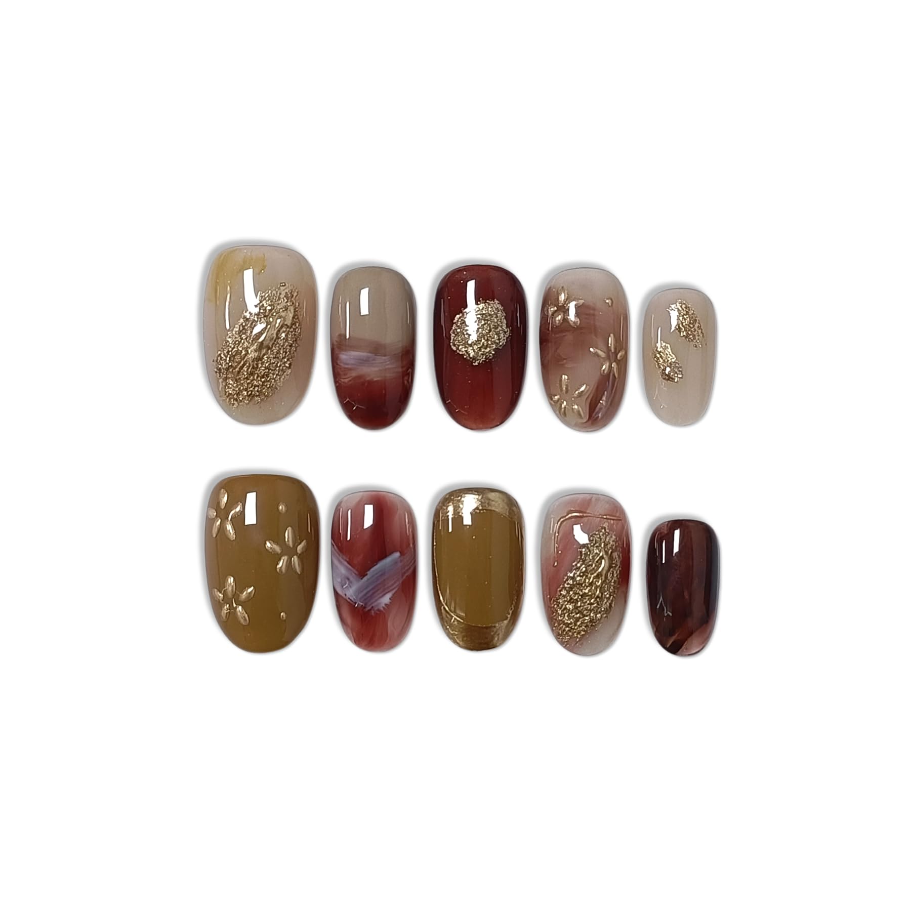 TENPAL Handmade Soft Gel Press On Nails with Tools – Amber Cat Eye Short Oval, Glossy Glitter Embossed Floral, Autumn Ombre Leaves, 10pcs