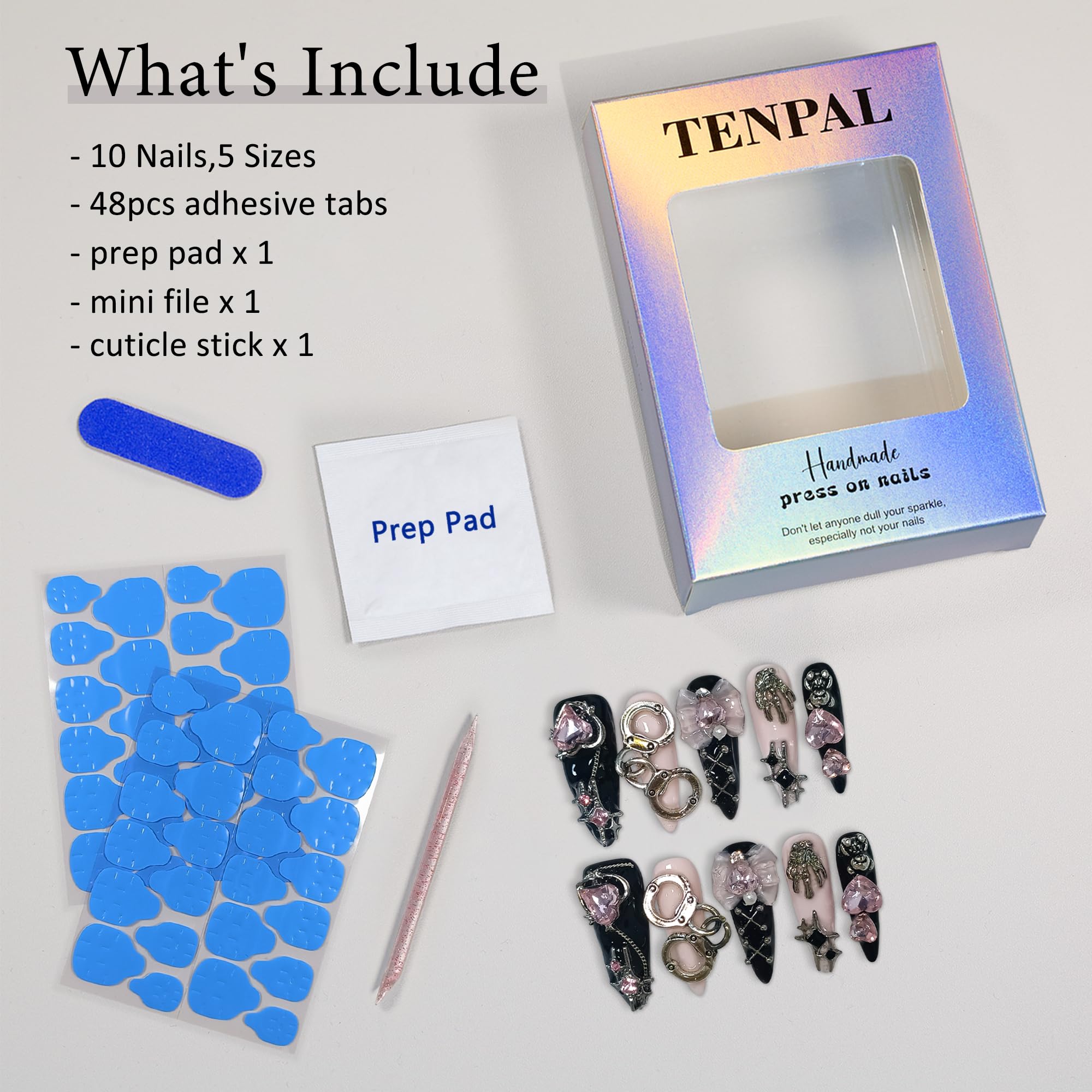 TENPAL 10Pcs Y2K Press On Nails with Tools – Handcuff Star Skull 3D Charms, Long Stiletto Glitter