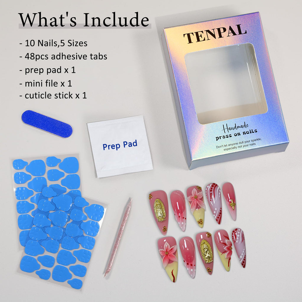 TENPAL Handmade Press-On Nails Long Stiletto – Vivid Red 3D Floral Blush Ombre | Glossy, Reusable