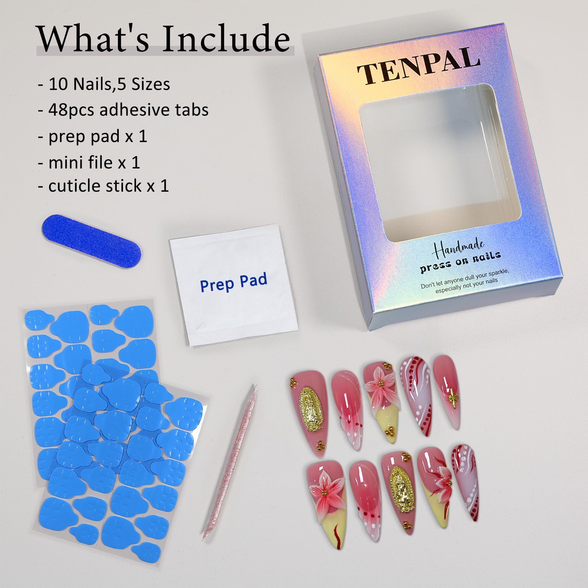 TENPAL Handmade Press-On Nails Long Stiletto – Vivid Red 3D Floral Blush Ombre | Glossy, Reusable