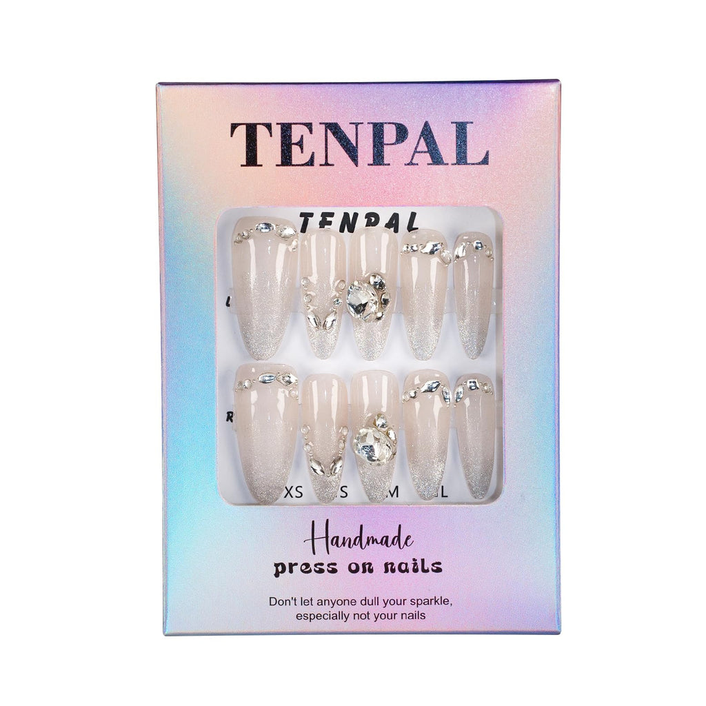 TENPAL French Tip Press-On Nails — Long Stiletto Nude Glitter with Ombre Cat Eye (10pcs/Box, XS)