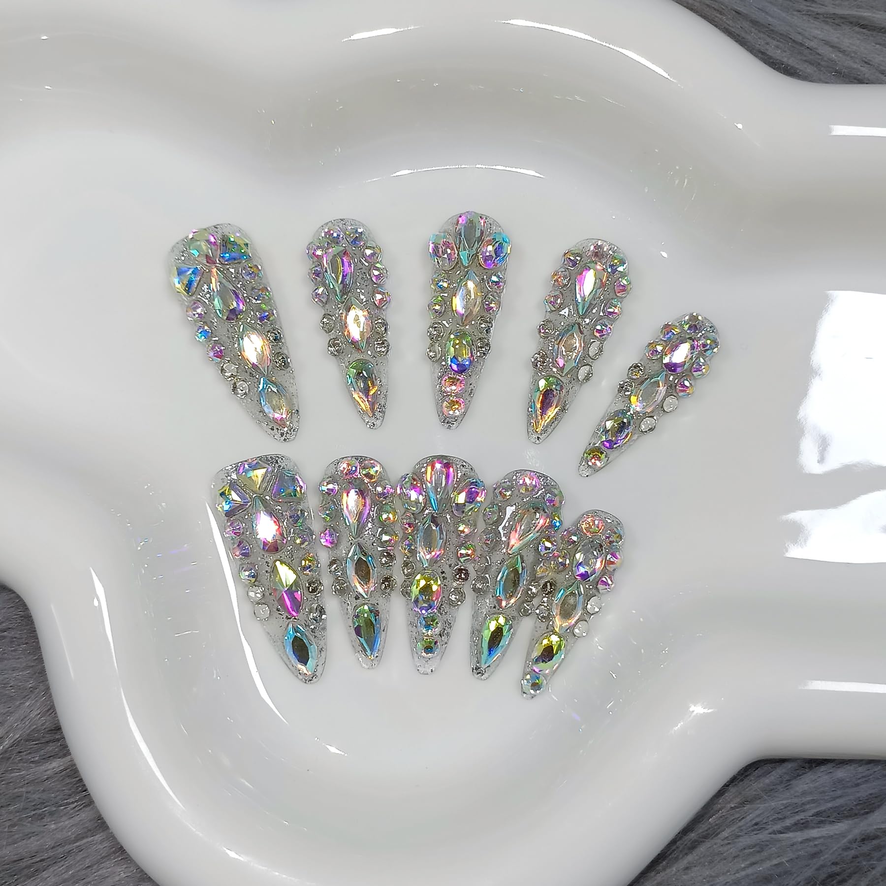 TENPAL 10Pcs Luxury Press On Nails Long Stiletto – Full Cover Crystal Glitter Nail Set with Tools | Reusable Bridal & Party Nails XS