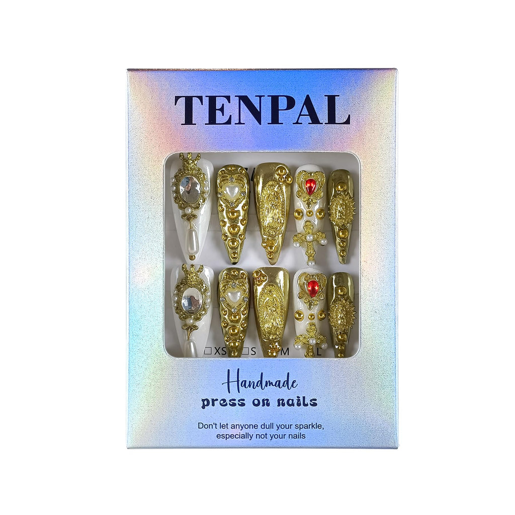 TENPAL 10Pcs Handmade Royal Press On Nails – Metallic Gold Long Stiletto with Pearl & Celestial Charms (M)