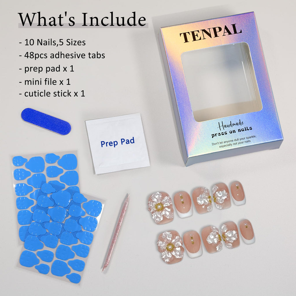 TENPAL Press On Nails Kit with Tools – Nude French 3D Floral Embossed Nails (White French) 10Pcs (M)