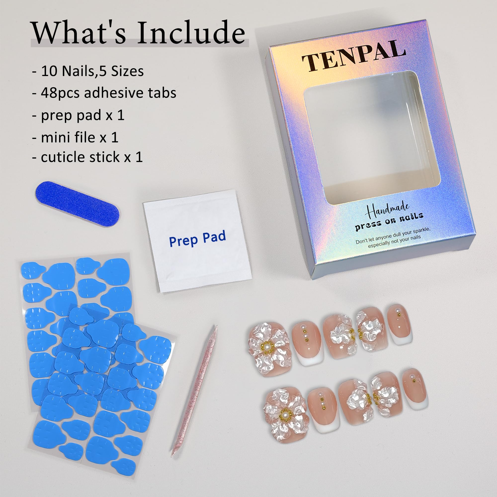 TENPAL Press On Nails Kit with Tools – Nude French 3D Floral Embossed Nails (White French) 10Pcs (M)