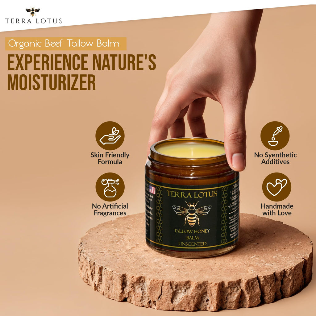 Terra Lotus Organic Grass-Fed Beef Tallow Balm with Raw Honey – Unscented 4oz