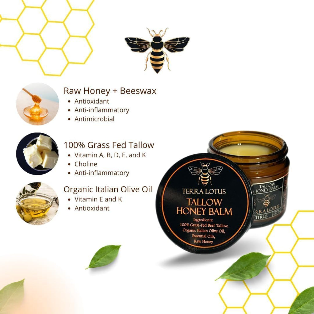 Terra Lotus Organic Grass-Fed Beef Tallow Balm with Raw Honey – Lavender, Handmade 2 oz