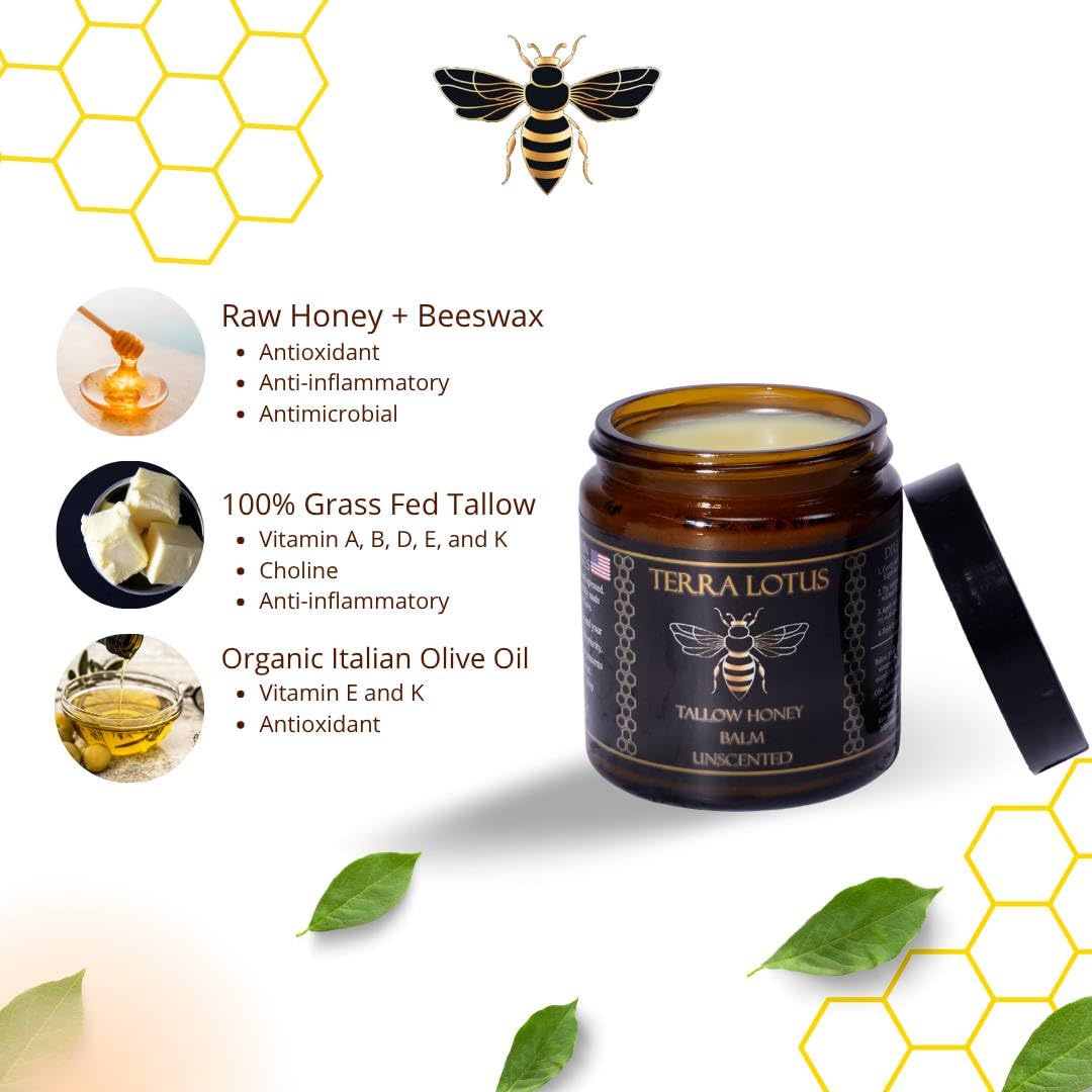 Terra Lotus Organic Grass-Fed Beef Tallow Balm with Raw Honey – Unscented 4oz