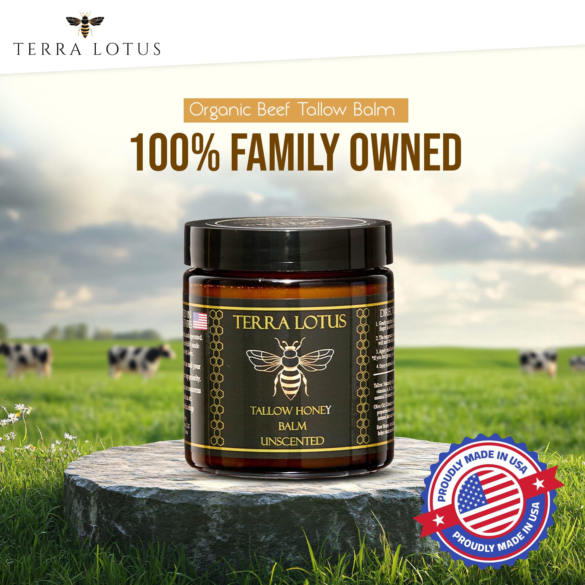 Terra Lotus Organic Grass-Fed Beef Tallow Balm with Raw Honey – Unscented 4oz