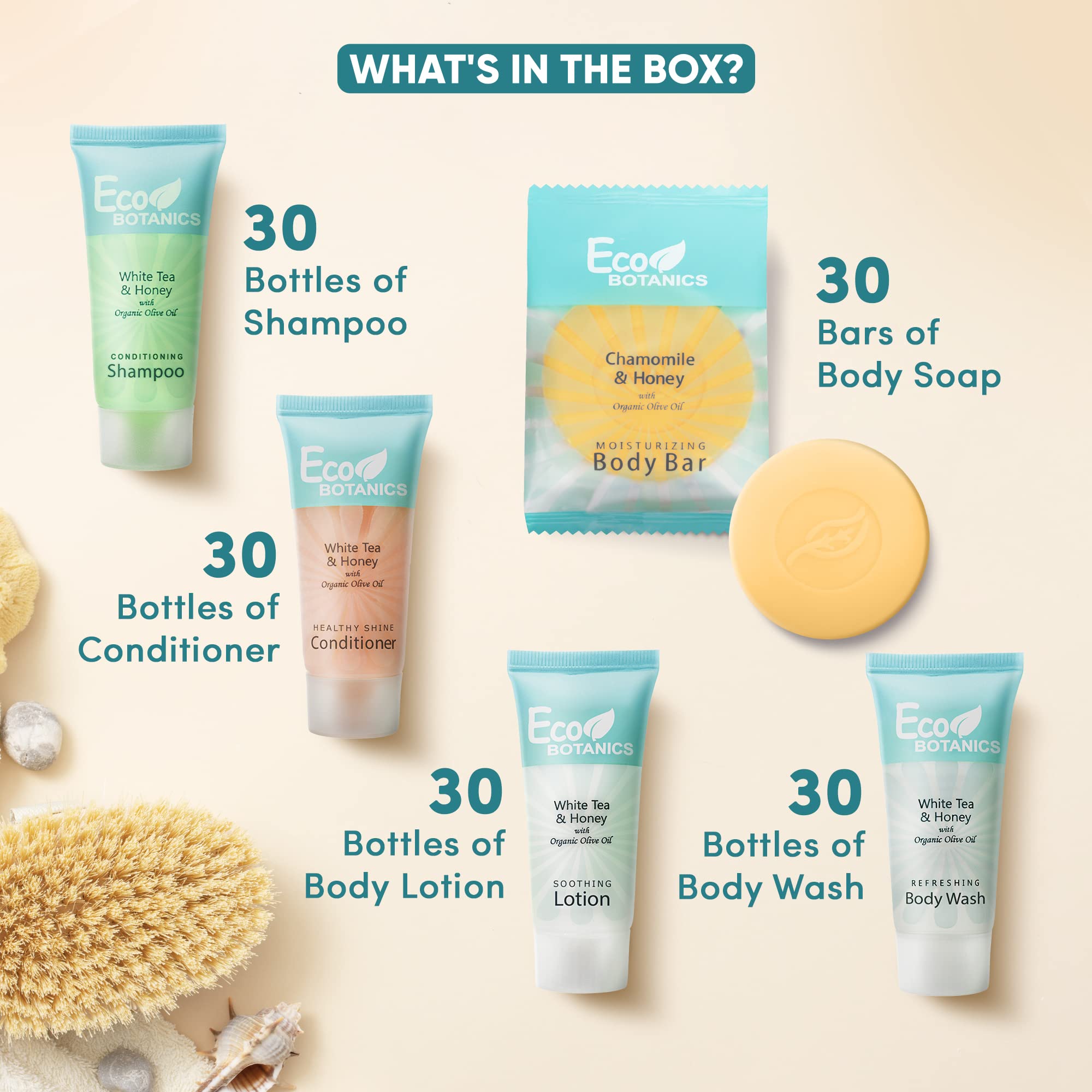 Terra Pure Travel Size Hotel Toiletry Set – 150 Count, White Tea Scent, Aloe & Olive Oil, Paraben Free