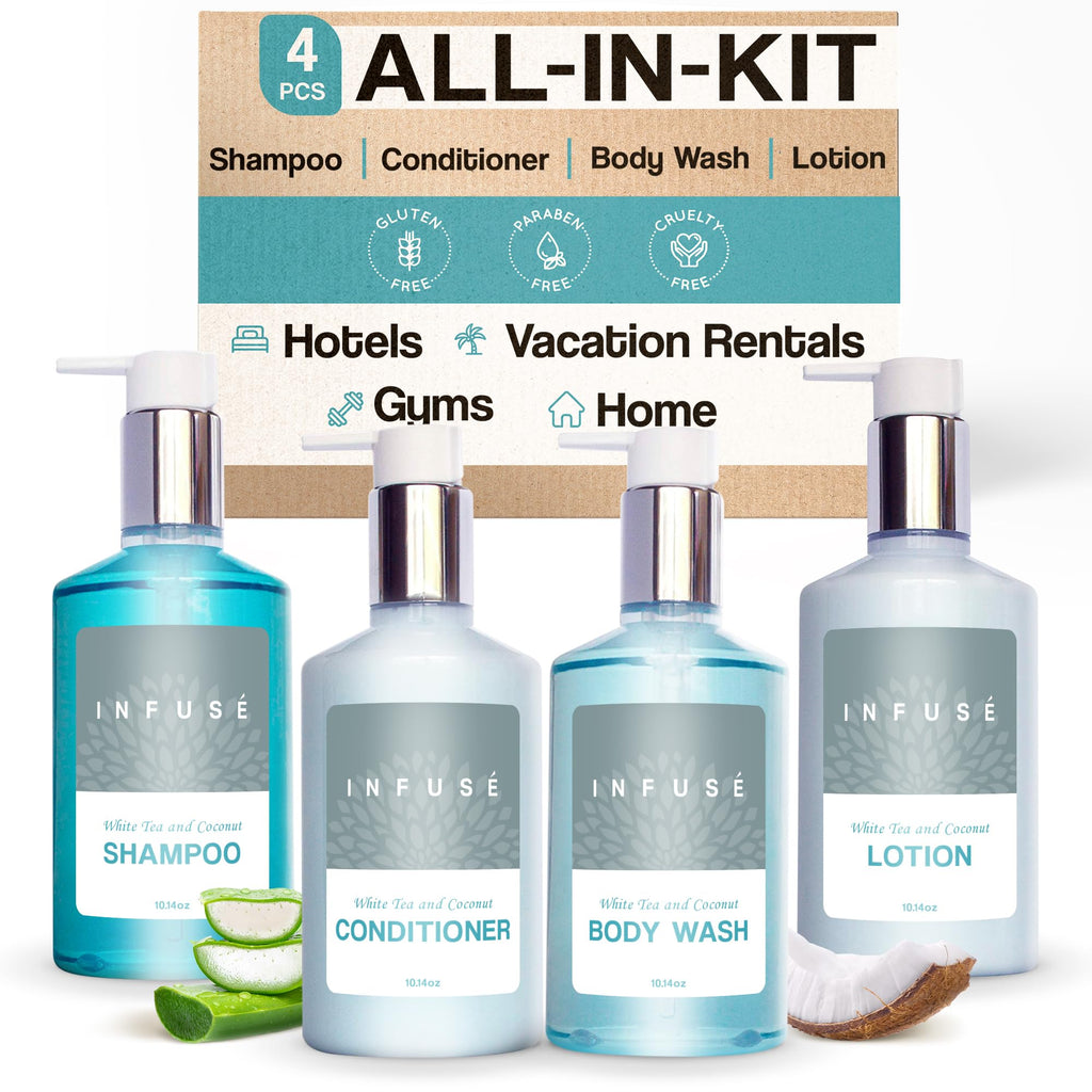 Terra Pure 1-Shoppe Infuse EcoBox All-In-Kit — White Tea & Coconut Soap, 4-Piece Hotel Amenities