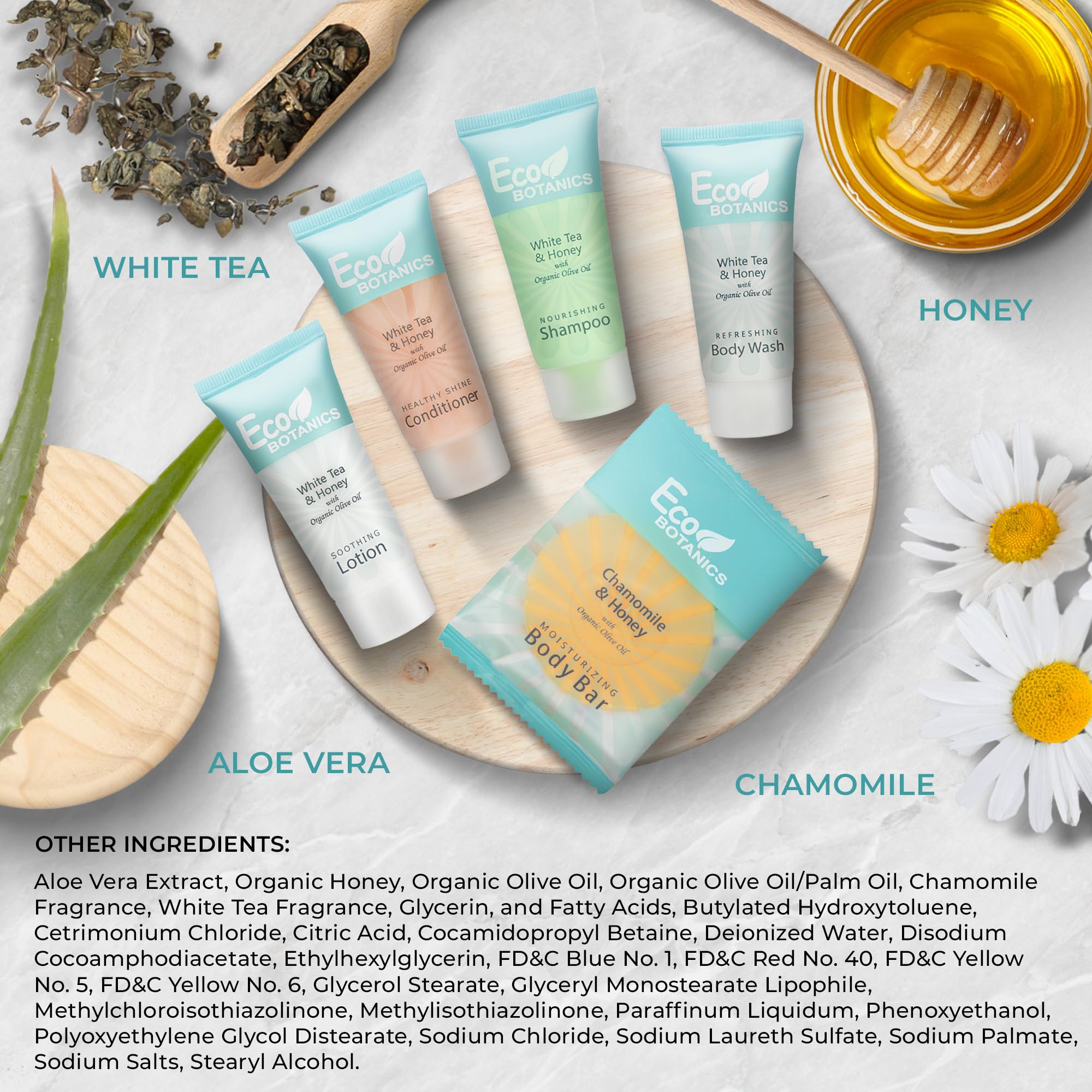 Terra Pure Travel Size Hotel Toiletry Set – 75 Count, 0.85 oz Bottles, White Tea, Aloe & Olive Oil
