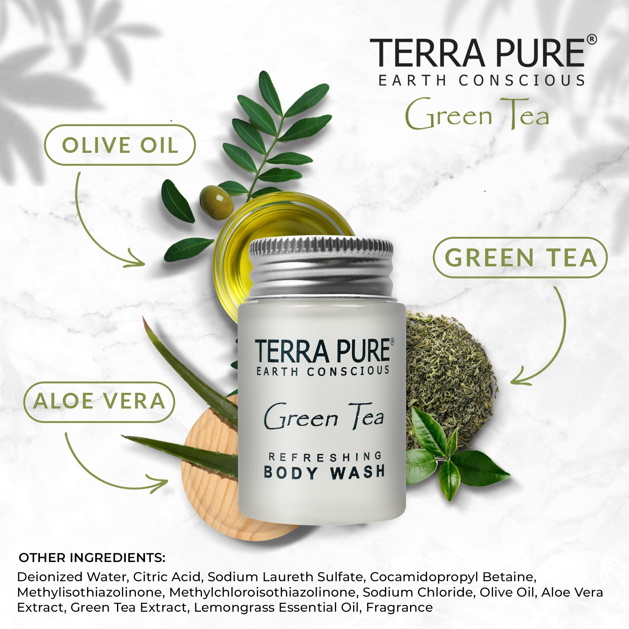 Terra Pure Travel Size Hotel Body Wash – 20 x 1oz Bottles, Green Tea, Aloe & Olive Oil
