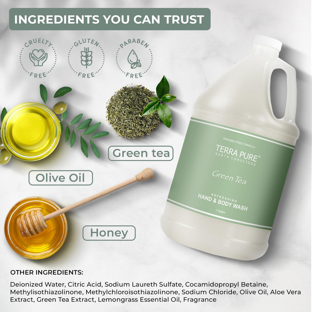Terra Pure Hotel Body Wash/Hand Soap – 1 Gallon Refill for Dispensers | Green Tea Formula