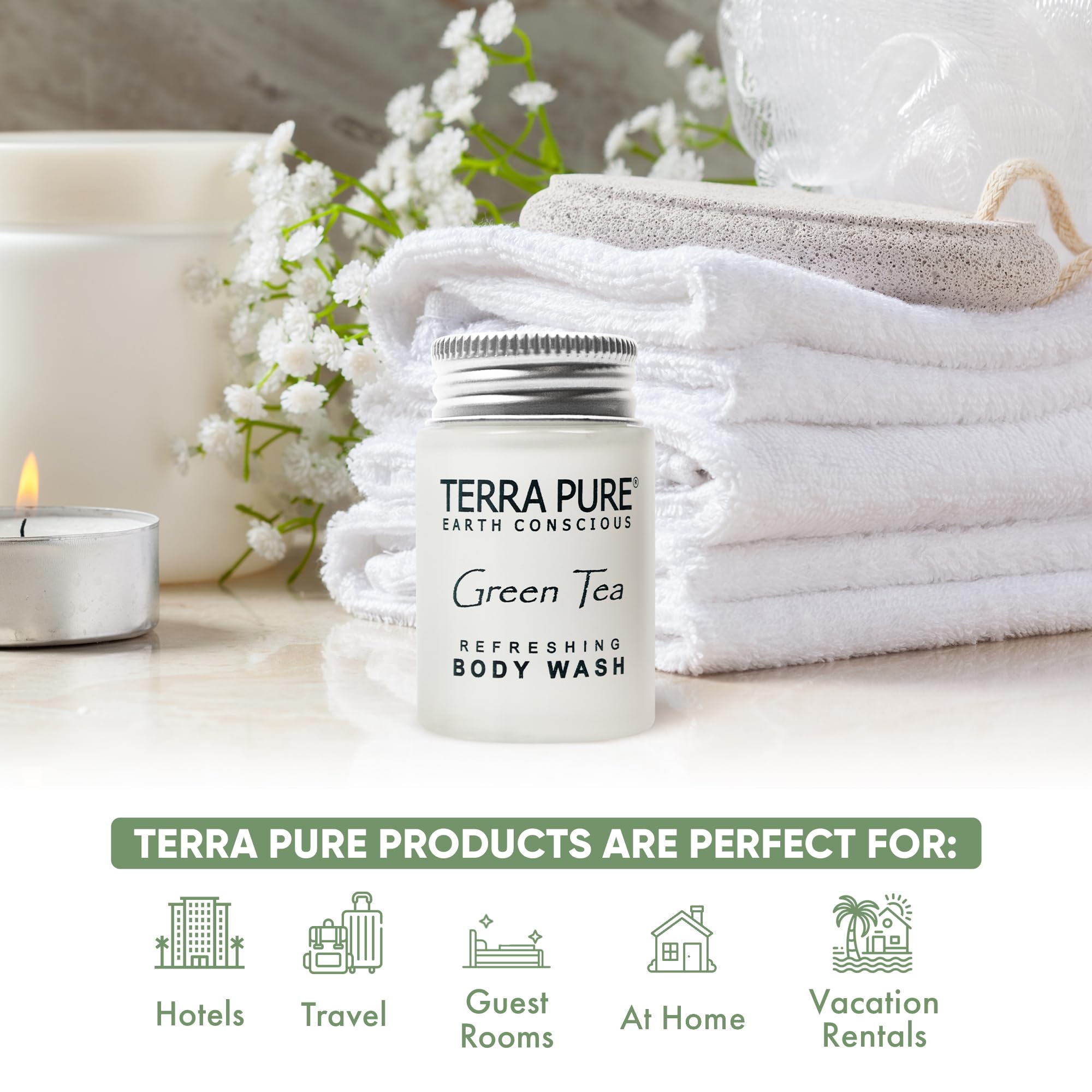 Terra Pure Travel Size Hotel Body Wash – 20 x 1oz Bottles, Green Tea, Aloe & Olive Oil