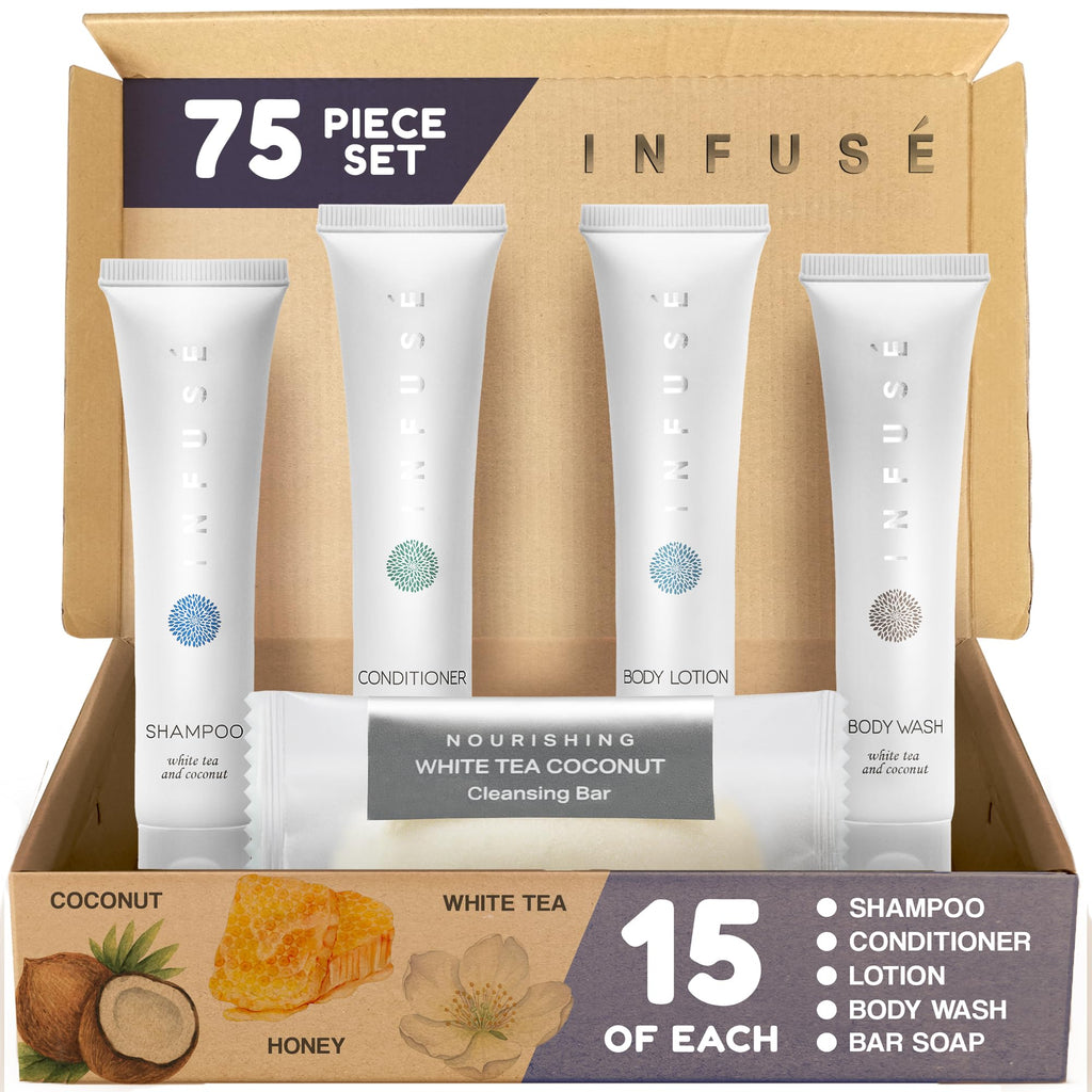 Terra Pure Infuse White Tea & Coconut Hotel Toiletries Bulk Set – 75 Travel-Size Pieces
