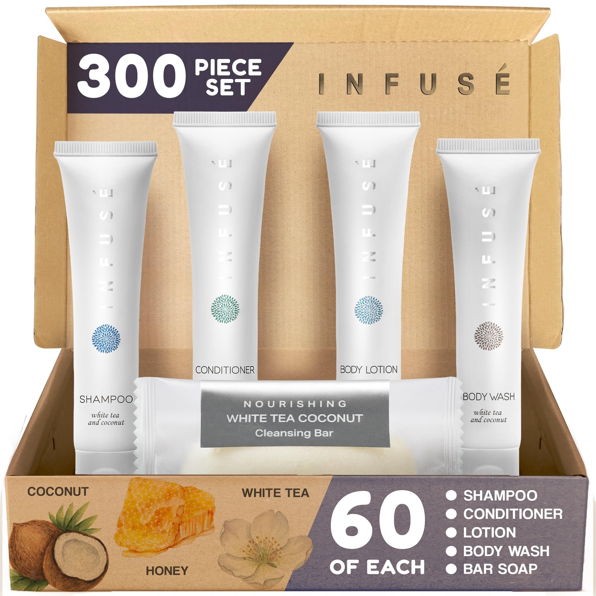 Terra Pure Infuse White Tea & Coconut Hotel Toiletries Bulk Set — 300 Pieces for Airbnb | 1-Shoppe