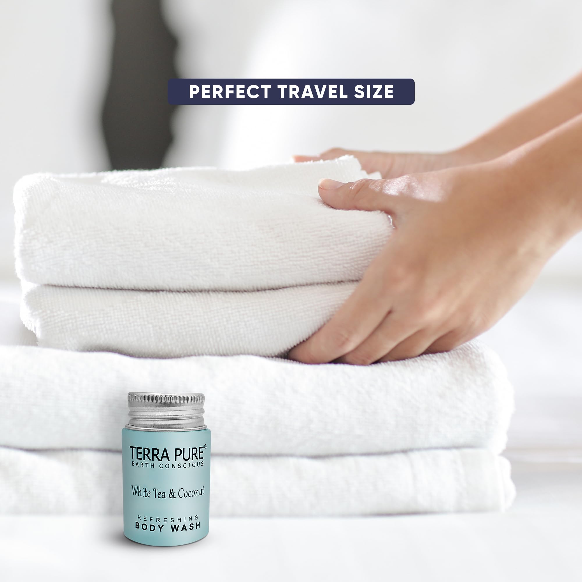 Terra Pure Travel Size Hotel Body Wash – 100 Count 1 oz Bottles | Paraben Free, White Tea & Coconut, Aloe & Olive Oil