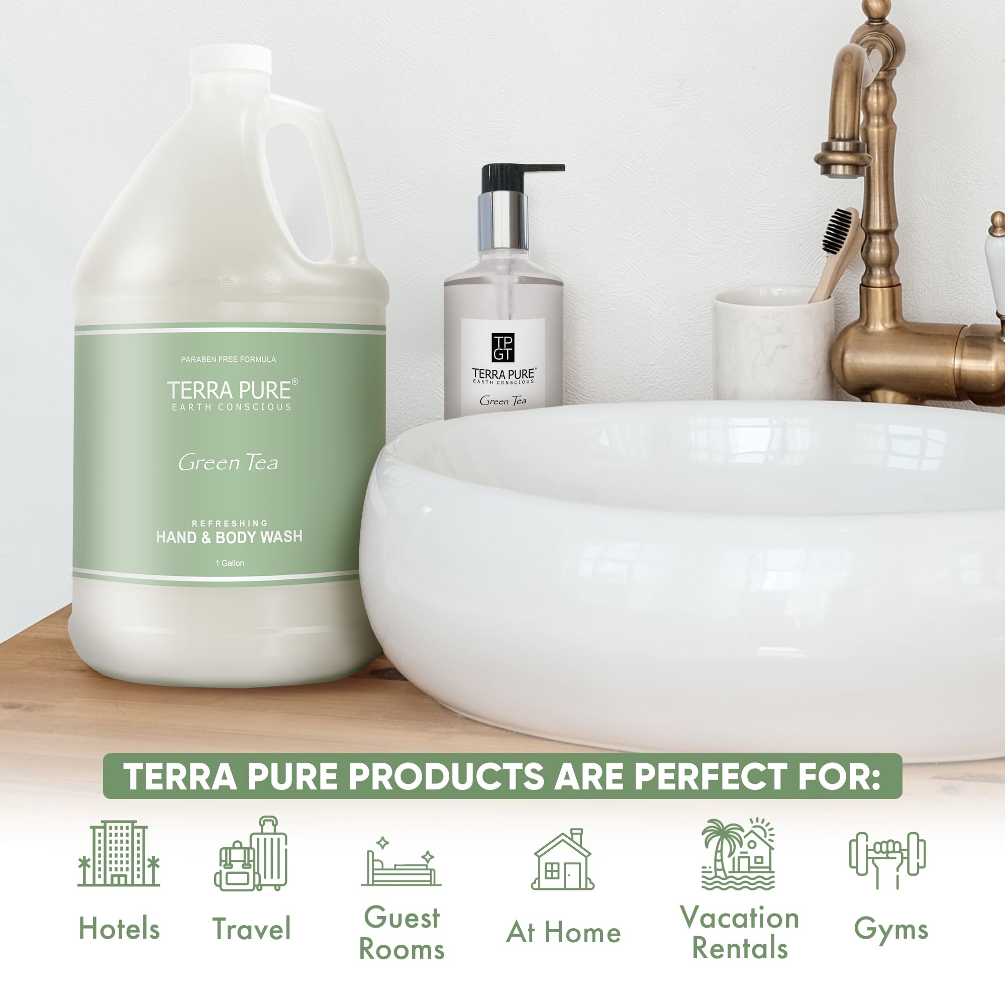 Terra Pure Hotel Body Wash/Hand Soap – 1 Gallon Refill for Dispensers | Green Tea Formula