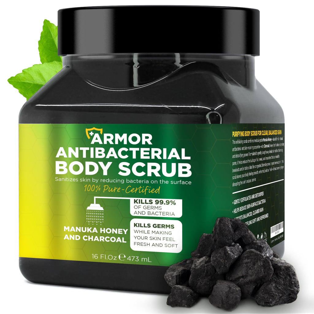Terramed Just Think Comfort Antibacterial Body Scrub – Manuka Honey & Charcoal, Deep Cleansing & Exfoliation, 16 oz