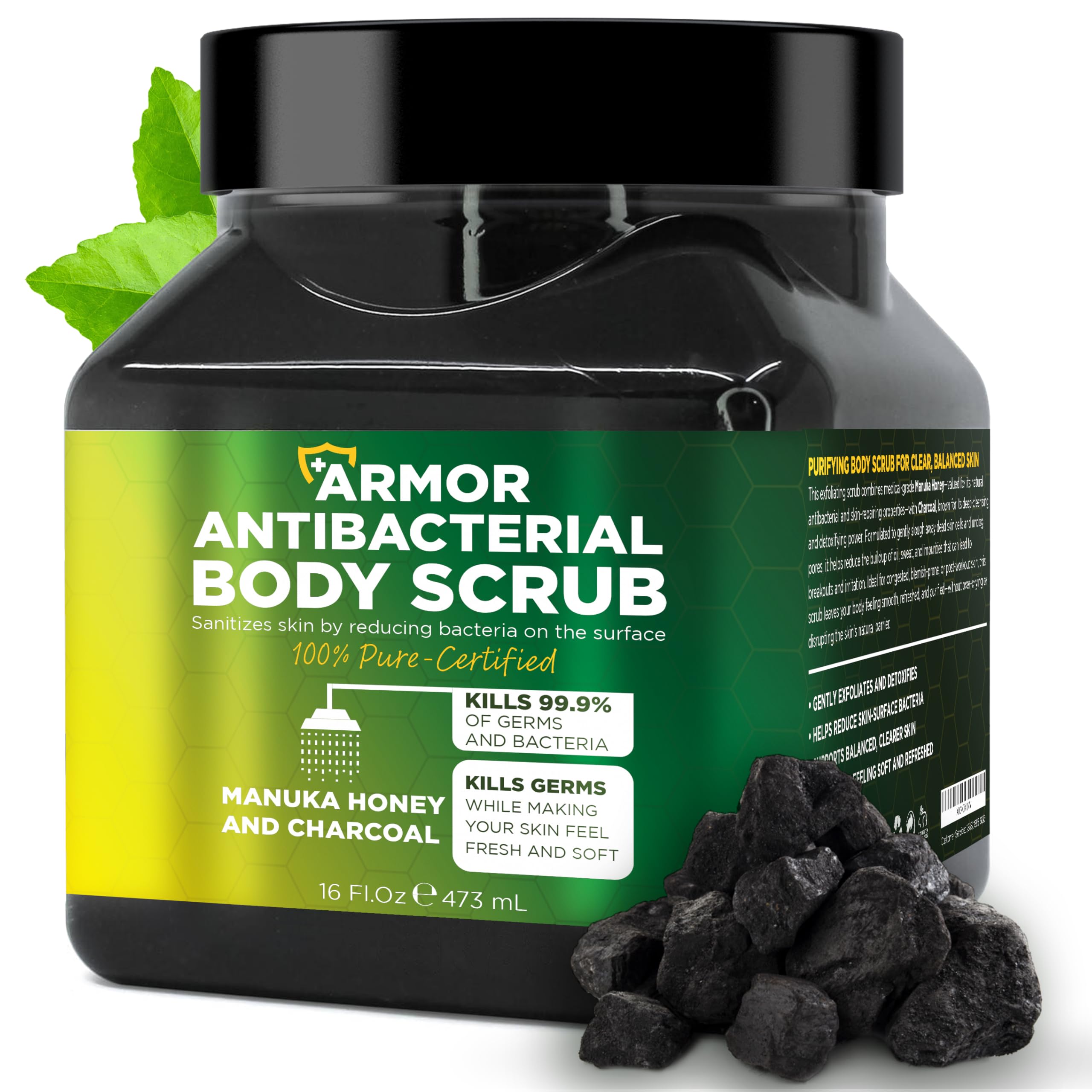 Terramed Just Think Comfort Antibacterial Body Scrub – Manuka Honey & Charcoal, Deep Cleansing & Exfoliation, 16 oz