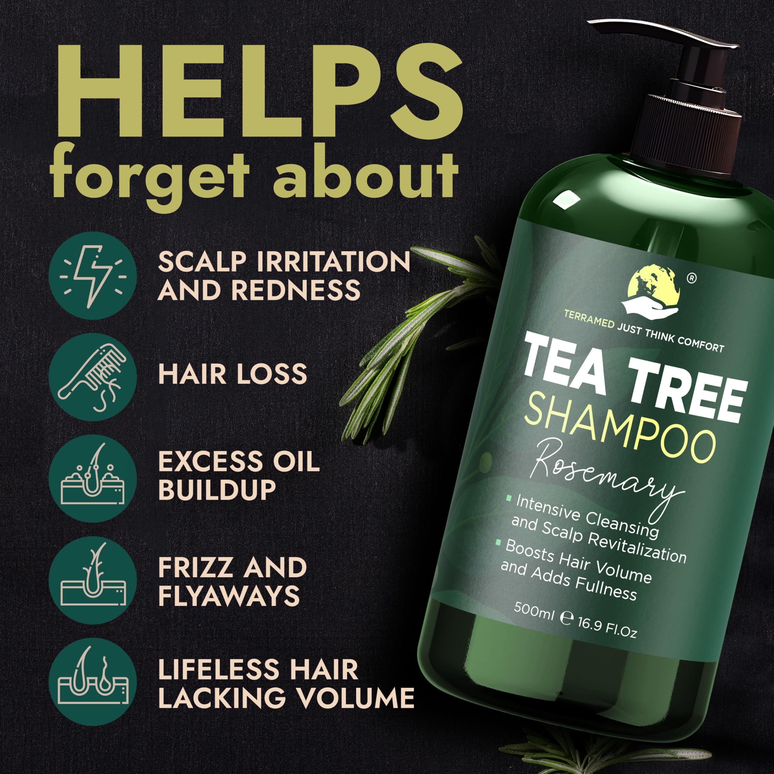Terramed Just Think Comfort Rosemary Shampoo & Conditioner Set – Tea Tree & Rosemary Oils, Sulfate Free + Free Scalp Brush | 16.9 fl oz